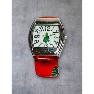 Accutime Christmas Tree Cuff Watch Womens Red Silver Fair Holiday Novelty